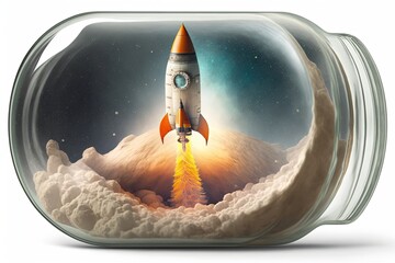Rocket illustration inside the glass bottle, white background, startup and business concept. Generative AI