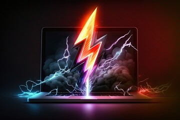 Illustration of lightning and laptop, background with lightning and neon lights. Generative AI