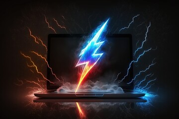 Fototapeta na wymiar Illustration of lightning and laptop, background with lightning and neon lights. Generative AI