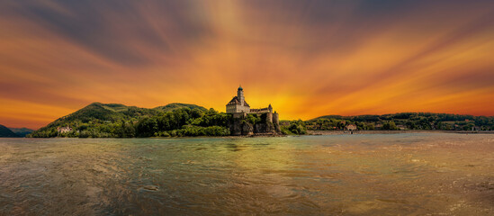 The medieval Schonbuhel castle, built on a rock on Danube river in Wachau valley, Austria