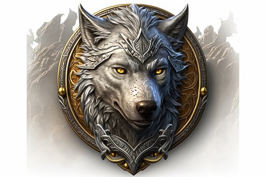 Wolf emblem with golden adornments. Generative AI
