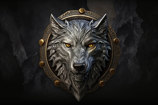 Wolf emblem with golden adornments. Generative AI
