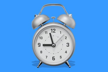 3d illustration of silver retro alarm clock with arrow and shadow on blue color background