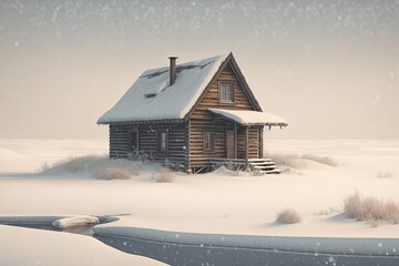 Landscape with a wooden cabin in the middle of the snow. Generative AI
