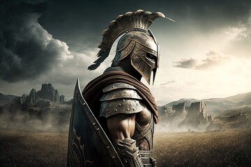 Landscape with spartan warrior in armor, battlefield in background. Generative AI