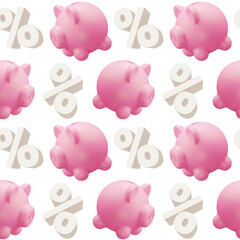 3d seamless pattern of pink piggy bank and percent sign on white color background, time to save money. 3d design