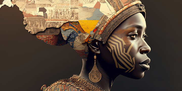 A traditional African girl showcasing her blackwork tattoo of the African map. Generated by AI