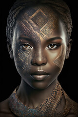 A traditional African girl showcasing her blackwork tattoo of the African map. Generated by AI