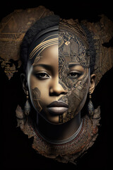 A traditional African girl showcasing her blackwork tattoo of the African map. Generated by AI