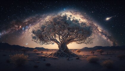 Fototapeta na wymiar Landscape with mystical tree, milky way and stars in the sky. Generative AI