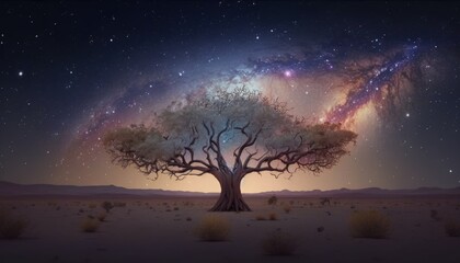 Naklejka na ściany i meble Landscape with mystical tree, milky way and stars in the sky. Generative AI