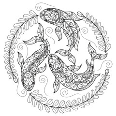 Three fish and leaf hand drawn for adult coloring book