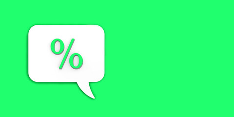 Light green percent sign on white message board. Interest withdrawal signal. Discount notifications. Message on a Light green background. Banner for insertion into site. 3D image. 3D rendering.