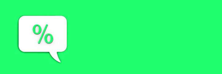 Light green percent sign on white message board. Interest withdrawal signal. Discount notifications. Message on a Light green background. Banner for insertion into site. 3D image. 3D rendering.