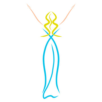 lady in a long blue dress with wavy hair, stands stretching her arms up, creative, abstract pattern