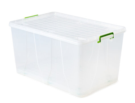 Transparent plastic box isolated on white background.