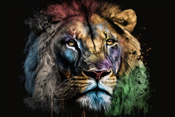 A close up of a colorfully painted lion's face ON A BLACK BACKGROUND IN WATERCOLOR AND SKETCH. Generative AI