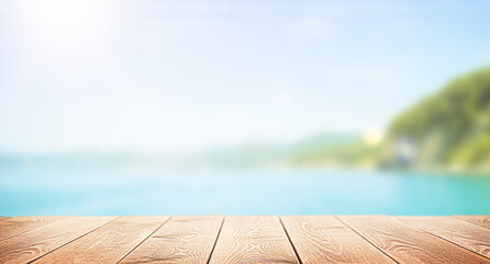 empty wooden table on sea background
