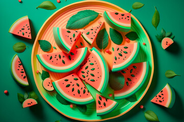 A juicy watermelon slices arranged on a platter, with a few mint leaves scattered on top, generative ai