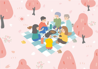 お花見でにぎわうイラスト