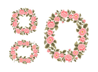 Vintage hand drawn vector flower wreath frame illustration arrangement collection with pink rose floral, peony, and leaf branch elements