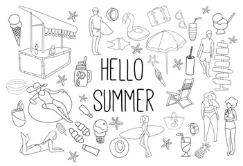 Summer Holidays Vacation Travel Funny Doodle Vector set. Hand drawn illustration. Monochrome pattern.