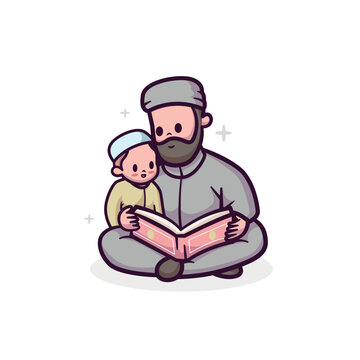 islamic ramadhan vector illustration design of father and little boy reading koran alquran