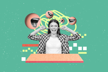 Collage picture of unsatisfied irritated mini black white gamma girl fingers cover ears avoid loud...