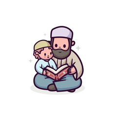 islamic ramadhan vector illustration design of father and little boy reading koran alquran