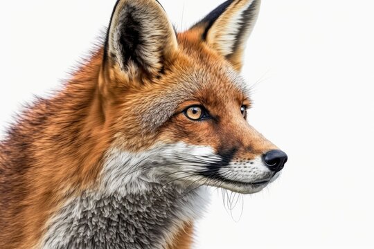 Close up picture of a red fox on a white background. Generative AI
