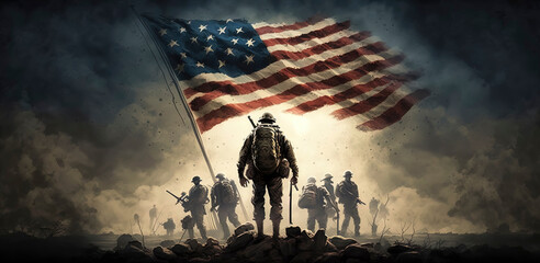 A conservative image of God, American soldiers, and America, representing liberty, freedom, and the American flag with its stars. AI Generated. - obrazy, fototapety, plakaty