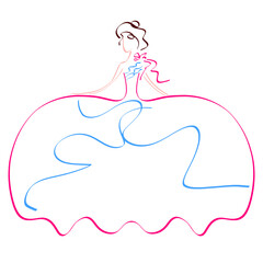 lovely lady in a very lush pink ball gown with a bow on the shoulder, colorful sketch