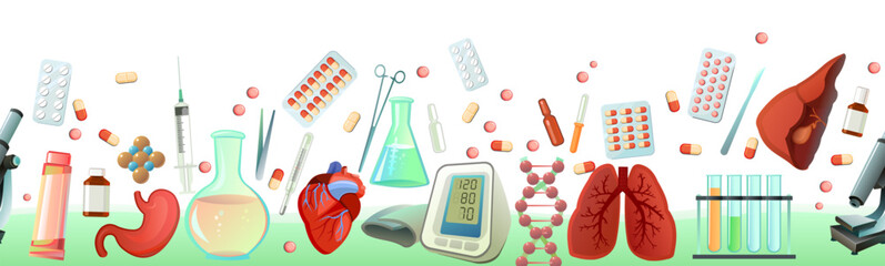 Medicine and treatment. Seamless bottom border. Cartoon style. Subjects of study. Equipment and human internal organs for treatment. Isolated on white background. Vector.