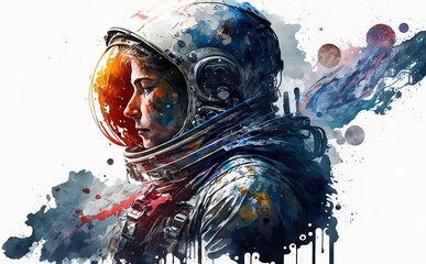 Astronaut watercolor illustration. Generative AI technology.