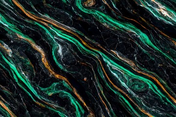 abstract black marble green malachite background with golden veins, japanese kintsugi technique, fake painted artificial stone texture, marbled surface, digital marbling illustration