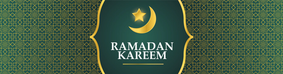 Ramadan Kareem Banner. Ramadan Islamic Holiday Graphic Template with Gold Ornament and Crescent
