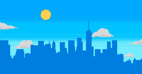 Day time cityscape pixel background. Hight buildings silhouette and white clouds. 2d pixel video game daytime with modern skyscrapers in city.