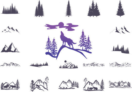 Landscape Mountain Tree Animals Silhouette, Vector set of illustration with wild animals
