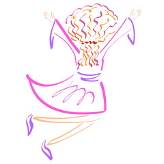 girl cheerfully jumps up throwing her hands up, child rejoicing, colorful sketch