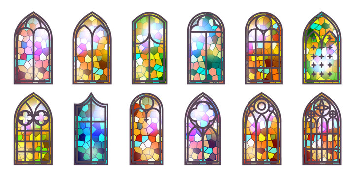 Gothic stained glass windows. Church medieval arches. Catholic cathedral mosaic frames. Old architecture design. Vector set