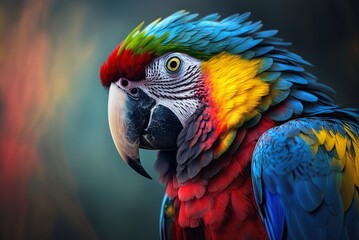 stunning close-up of a vibrant parrot against a hazy backdrop Generative AI - obrazy, fototapety, plakaty