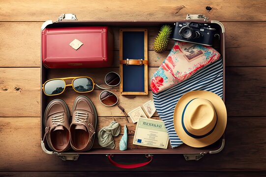 Open suitcase with vacation items, flat lay on floor. Above shot of open suitcase with summer items. Travel and beach items flat lay. Photo generative AI