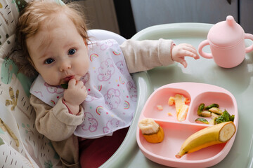 Cute baby girl tries to eat her first meal. Baby-Led Weaning (BLW). Adorable infant eating in the...
