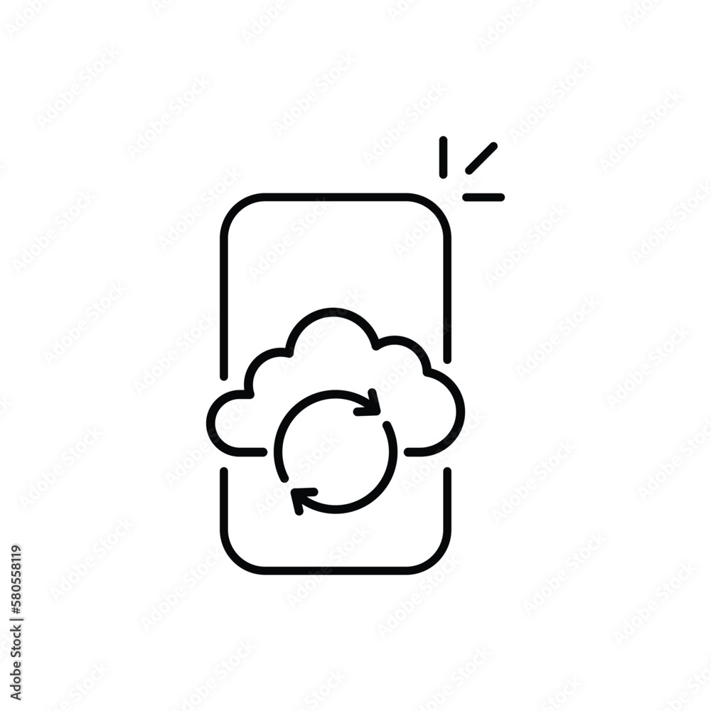 Fototapete backup service with thin line phone and cloud. linear trend modern graphic stroke design workflow logotype web element isolated on white. concept of data transaction pictogram or info database sign