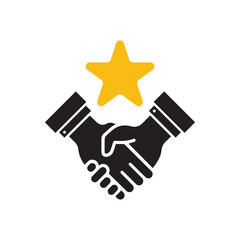 handshake with yellow star like partnership icon. flat simple trend gift logotype design element isolated on white background. concept of consumer crm service symbol or great deal support pictogram