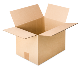 one open cardboard box on isolated white background, front view