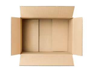 one empty open cardboard box on isolated white background, top view