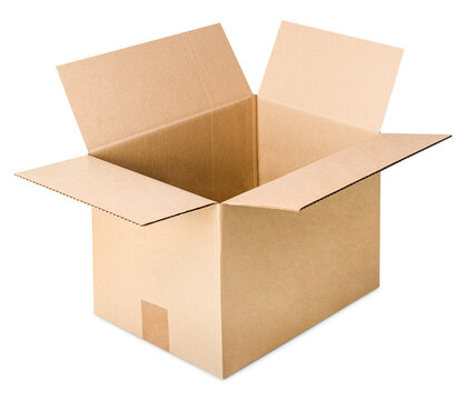 one open cardboard box on isolated white background, front view