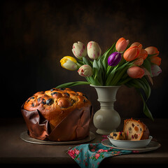 Easter composition: Panetone and a bouquet of tulips in a vase on a dark background. Illustration. Easter card. Generative AI.