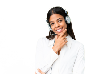 Telemarketer African American woman working with a headset over isolated chroma key background smiling